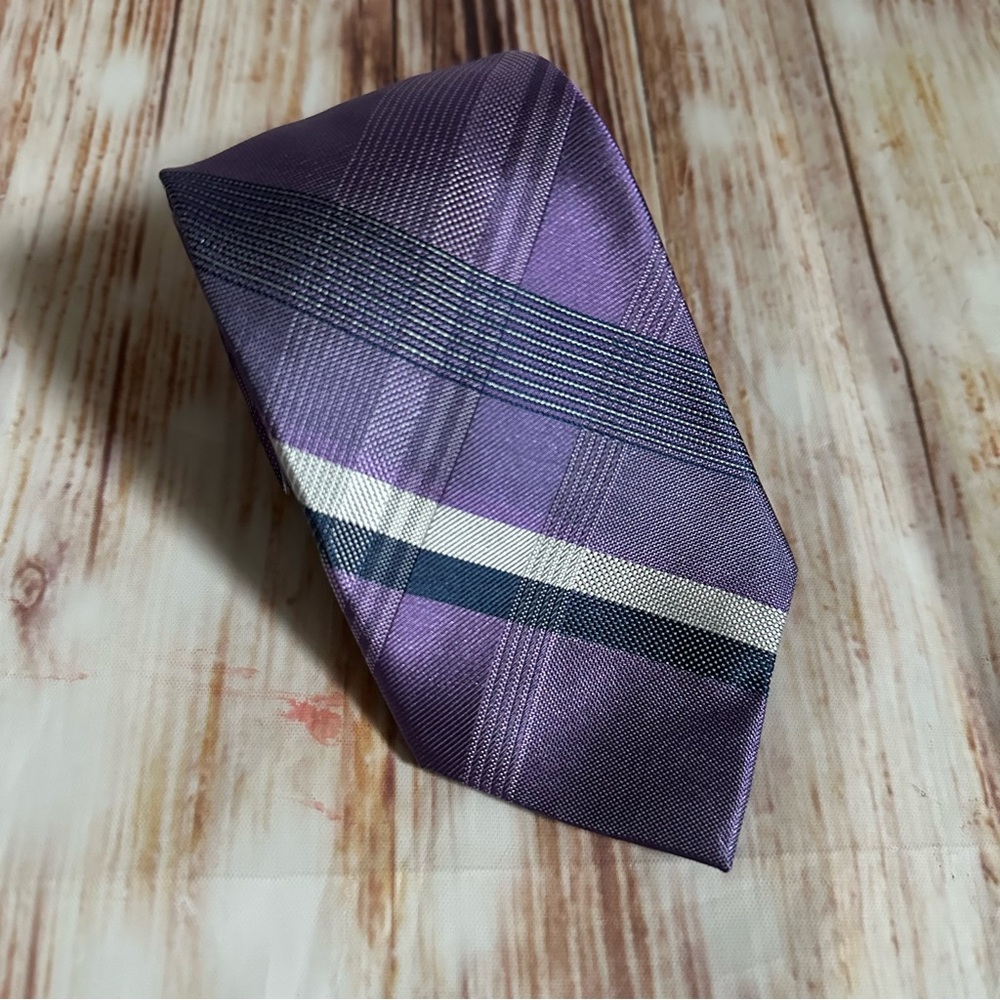 Calvin Klein Purple Diagonal Striped Crosshatch Patterned Silk Tie